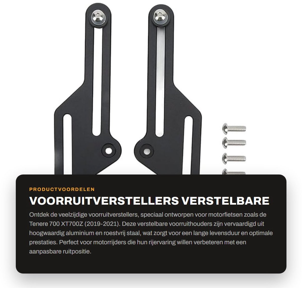 Dailygoods- Voorruitverstellers verstelbaar - Voorruithouders - Aluminium/Roestvrij Staal - Vervanging Tenere 700 XT700Z 2019-2021 - Instelbereik 10,16 cm - Accessoirepakket 8 stuks - Motorvoorruithouder