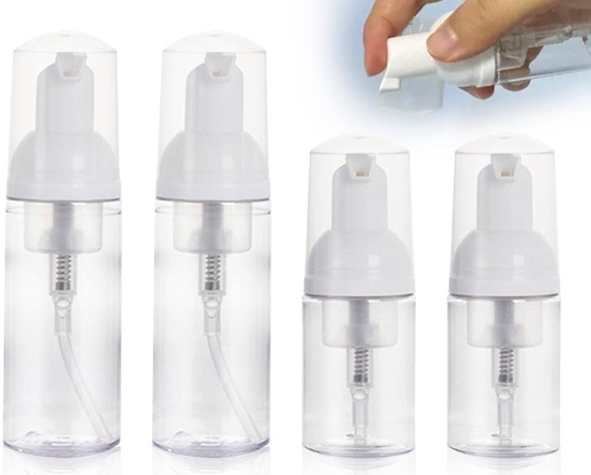Dailygoods- Reisdispenser 4-in-1 - Luchtloze Pompdispenser - Schuimpompfles 50 ml x 2 - Reisdispenser 30 ml x 2 - Transparante Flessen - Betrouwbare Keuze voor Gezinnen - Reistassen