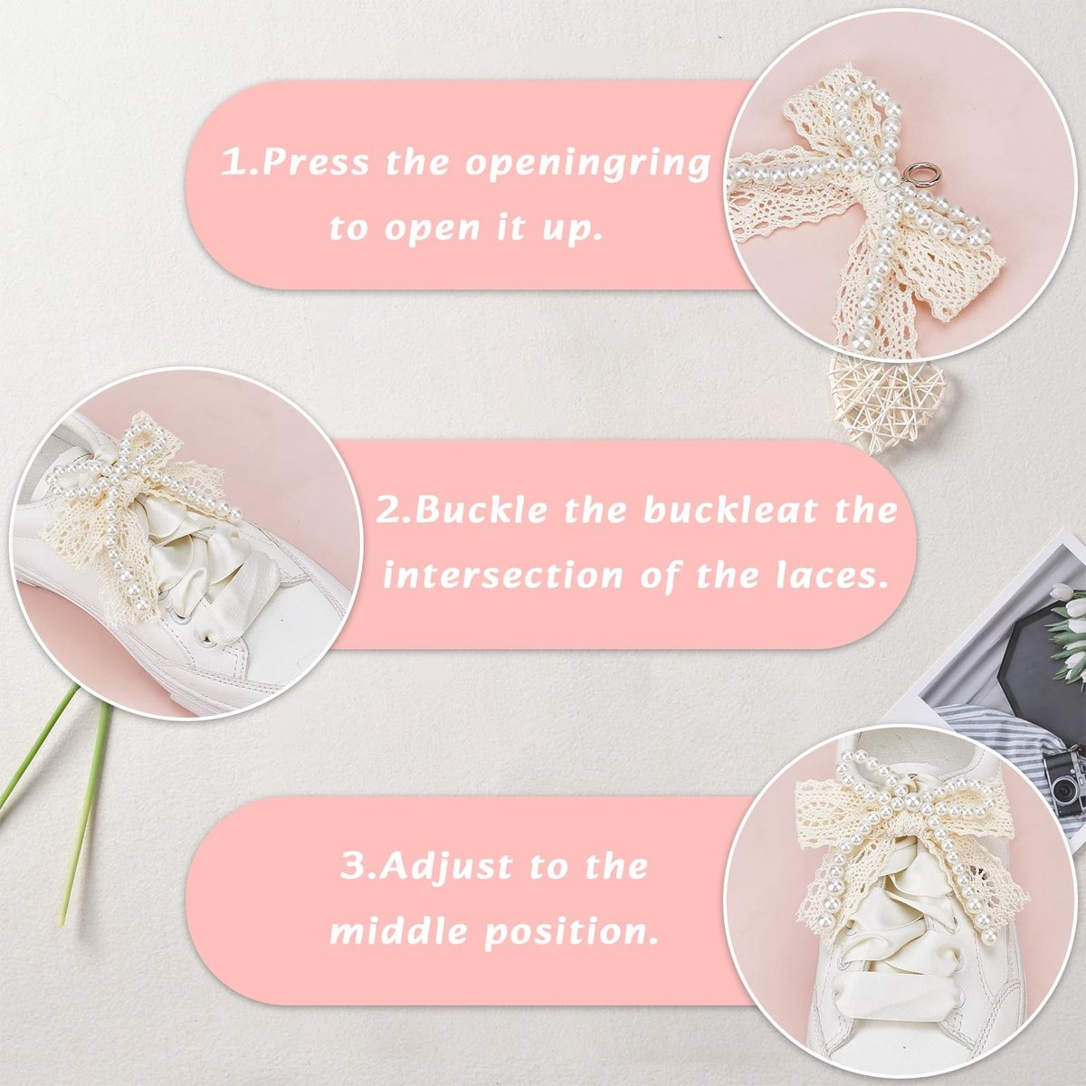Dailygoods- Sneakerhangers - 2 Stuks - Kanten Hangers met Parelstrik - Schoenbedels voor Dames - 9 x 10 cm - Elegant Ontwerp