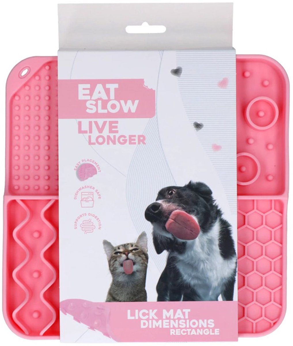 Eat Slow Live Longer Likmat - 21 x 21 cm - Snuffelmat - Anti-schrok Mat - Slowfeeder Honden en Katten - 100% Siliconen - 4 Patronen - Vaatwasserbestendig - Voerpuzzel Kat - Roze
