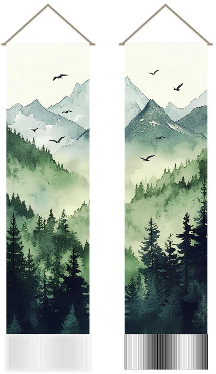 Dailygoods- Wandtapijt Set van 2 - Natuurlijke Landschappen - Bergbos Patroon - Verticaal - Muurdecoratie - 30 x 150 cm - Muurtapijt