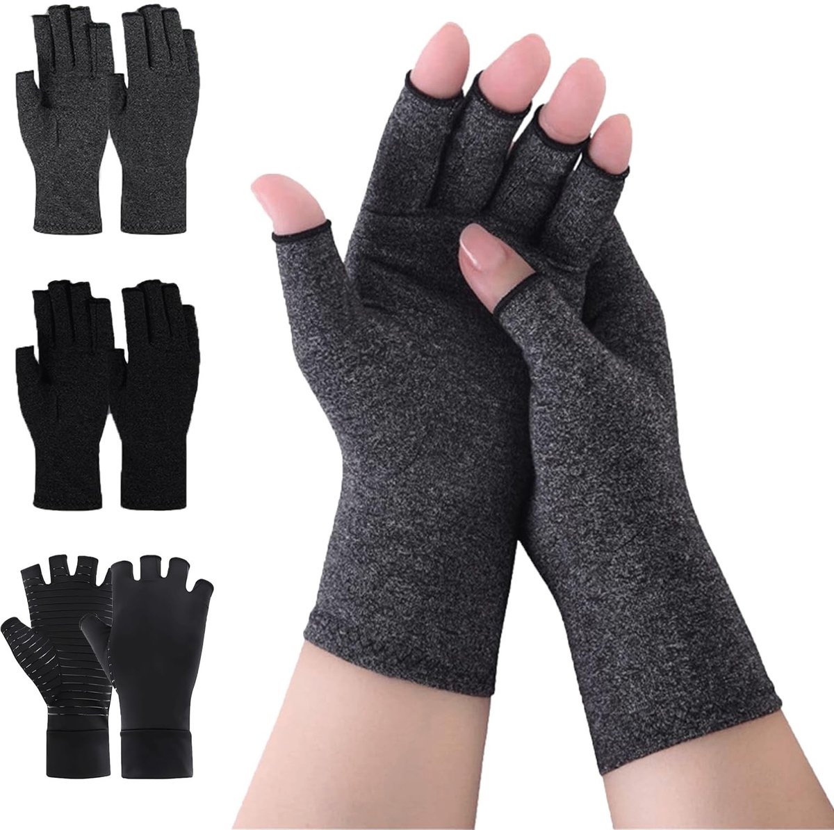 Dailygoods- Compressiehandschoenen Vingerloos - 3 Paar - Artritis/Handpijnverlichting - Gewrichtspijn - Kopervezels - Comfortabel Materiaal - Artritis Handschoenen