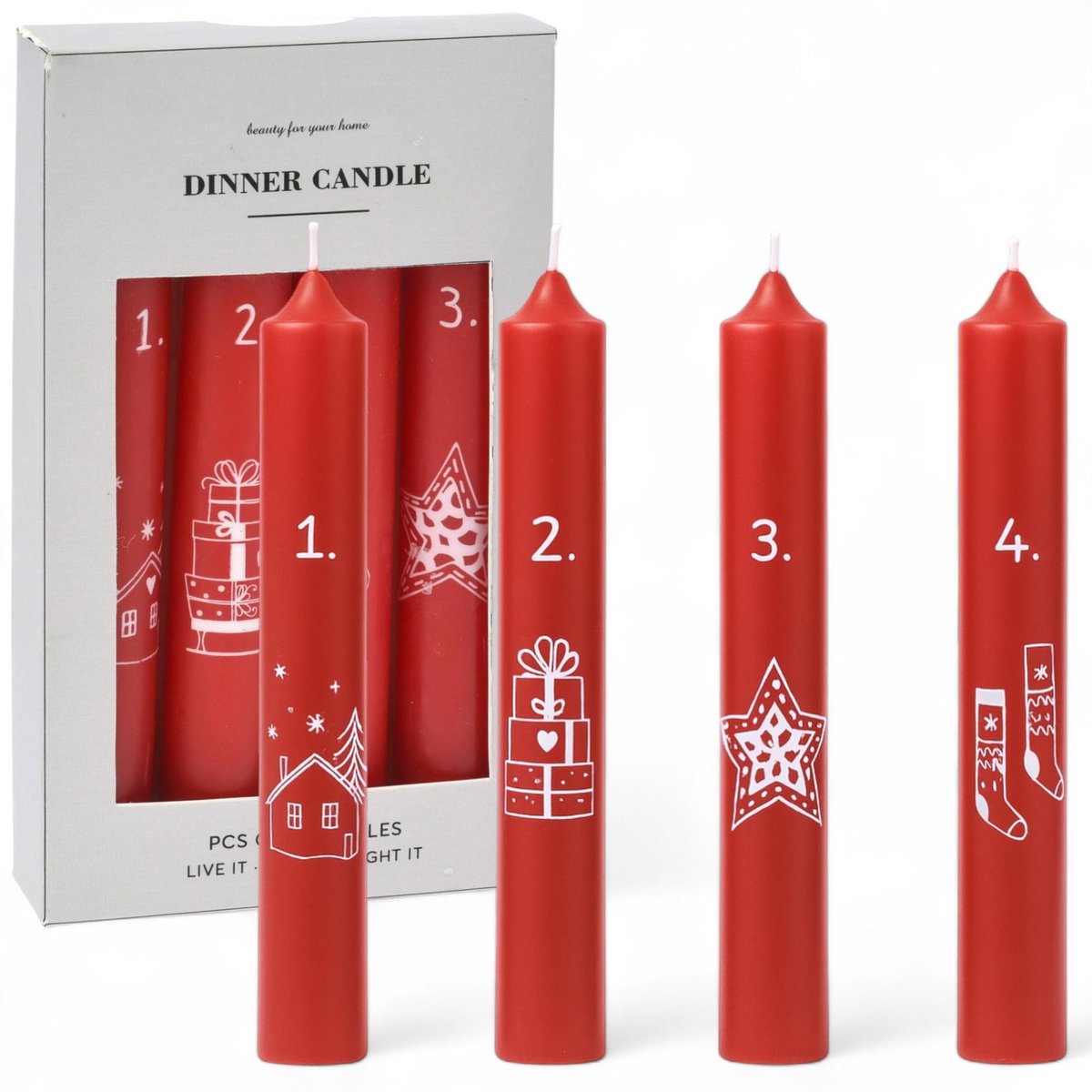 Dailygoods- Adventskaarsen set van 4 - Kerstkaarsen met cijfers - Staafkaarsen voor adventszondagen - Tafeldecoratie - 16 cm lang - Paraffine met motief