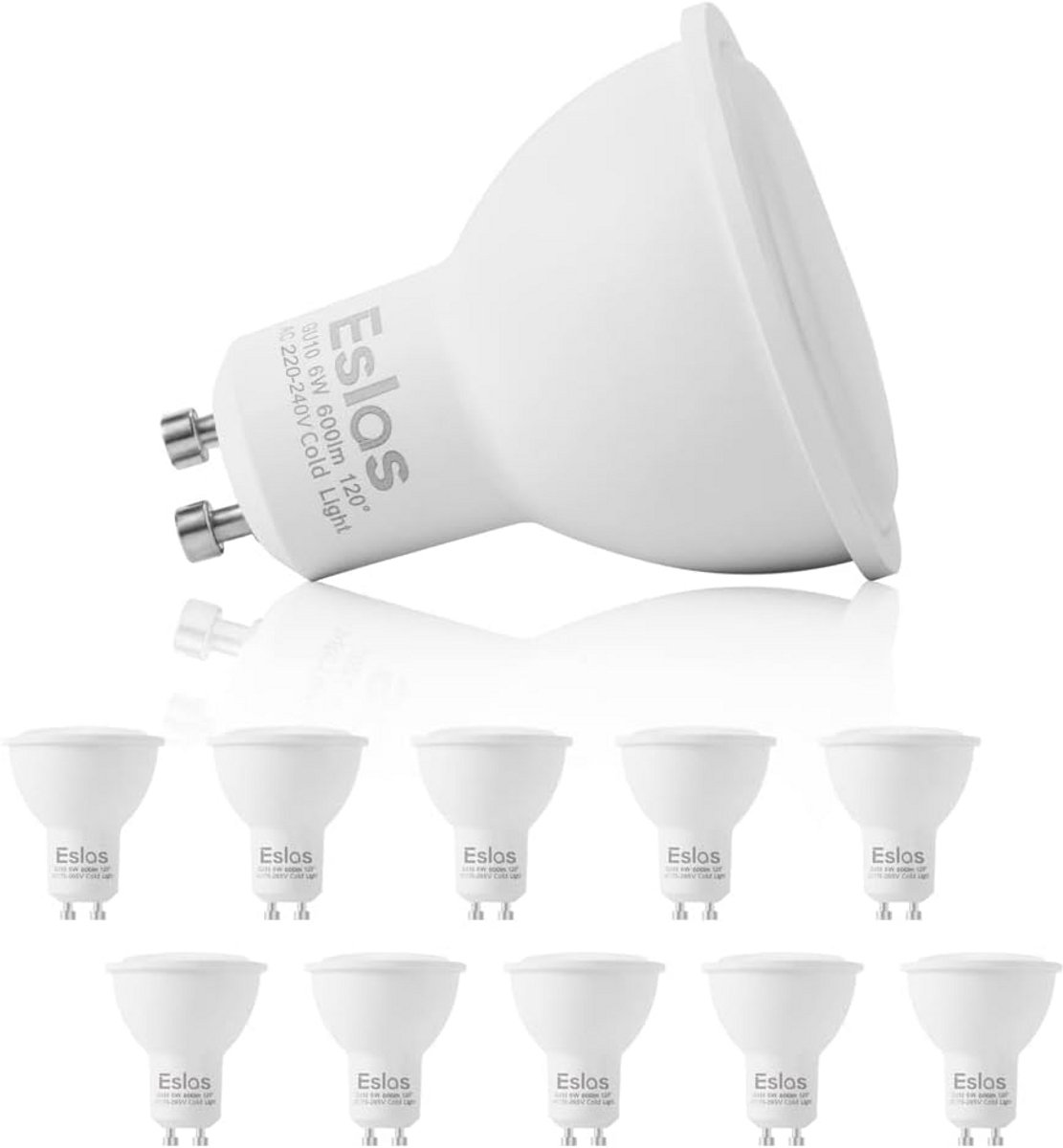 GU10 LED Lampen Set van 10 - Koud Wit 6000K, 6W, 600LM, Niet-Dimbaar