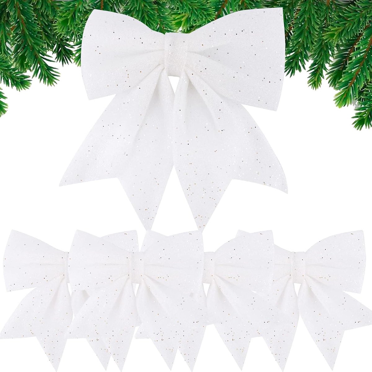 Kerst Strikken - Decoratie Bogen - Kerstboom Versieren - Glinsterend Effect - 5 Stuks - Wit – foto 3