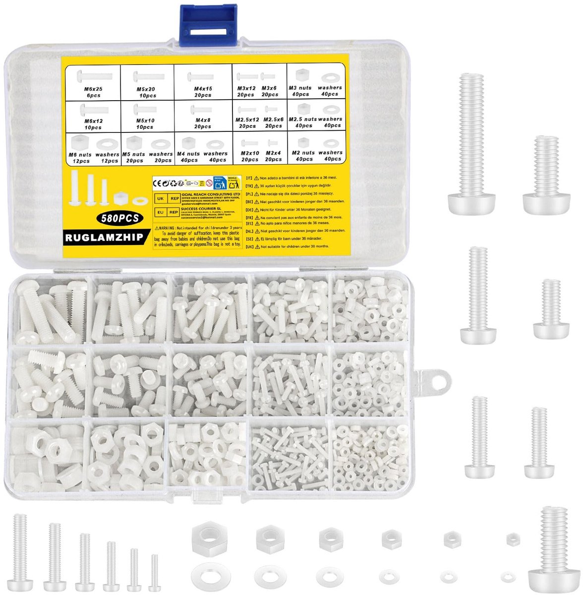 Dailygoods - Kunststof schroeven - 580 stuks - Duurzaam nylon - Ronde en platte kopschroeven - Geschikt voor diverse toepassingen - M2 tot M6