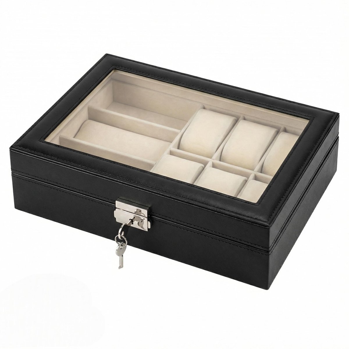 Dailygoods- Horloge- en Brillendoos 30 x 21 x 8 cm - Glazen Deksel - Zwarte PU-Lederlook - Metalen Scharnieren - Voor Commode/Reizen - Inclusief 6 Horlogekussens - Accessoirebox