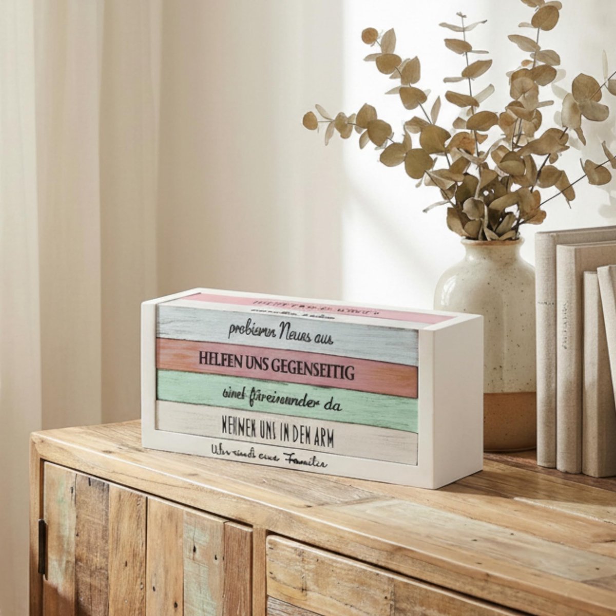 Dailygoods- Decoratief Houten Blok - 32 Inspirerende Spreuken - Shabby Chic Look - Houten Doos - Motivatiespreuken - Decoratief Stuk Levensvreugde - Motivatieblok
