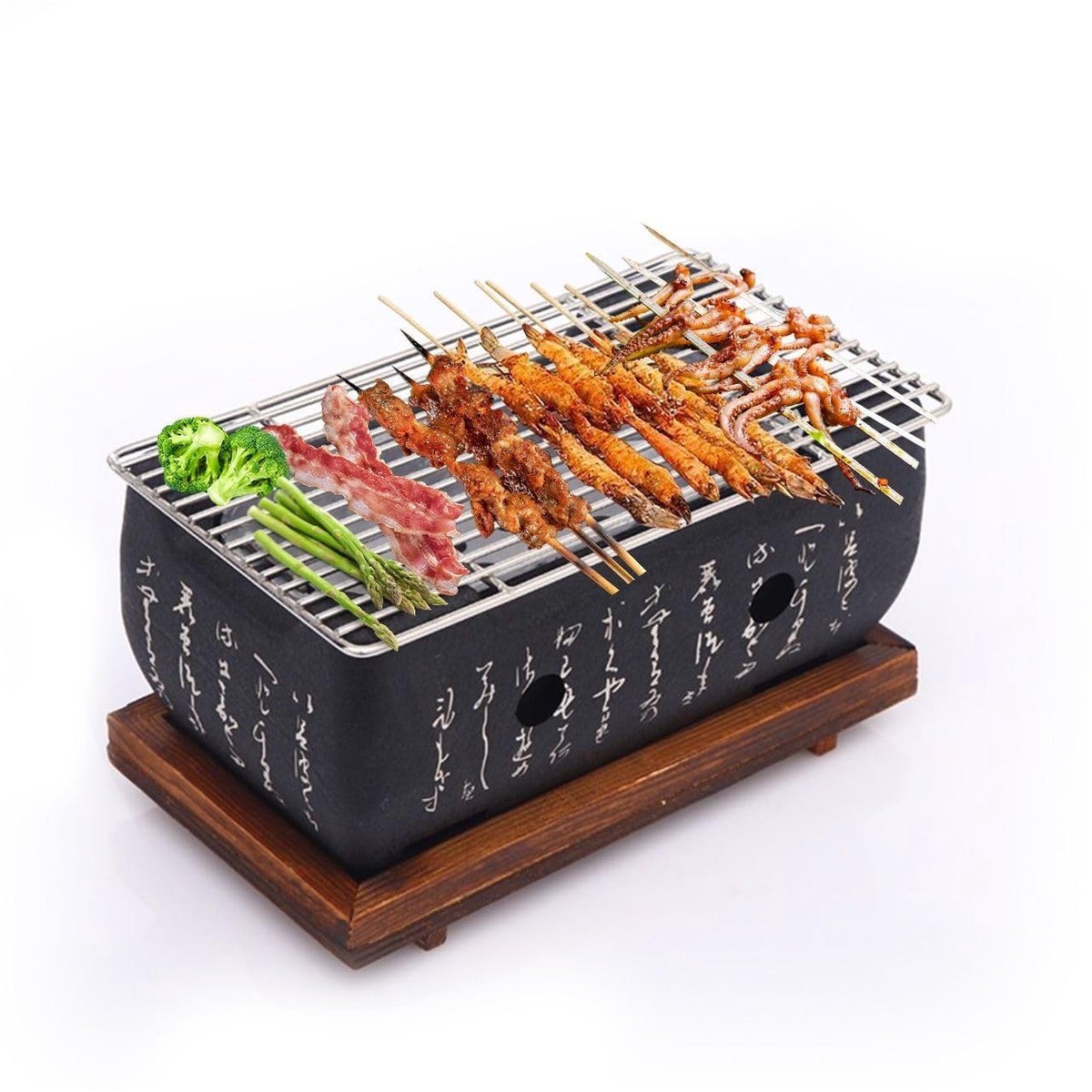 Dailygoods- BBQ Grill Draagbaar - Mini Houtskoolgrill - Aluminiumlegering - Campingkooktoestel - Rechthoekig - Inclusief Houten Basis