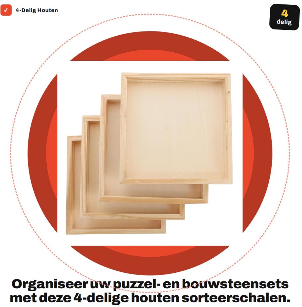 Dailygoods- Sorteerblad 4-delig - Houten Organizer - Puzzelaccessoires - Opbergdoos - Ruimtebesparend - Afmetingen 12x12x1,8 cm
