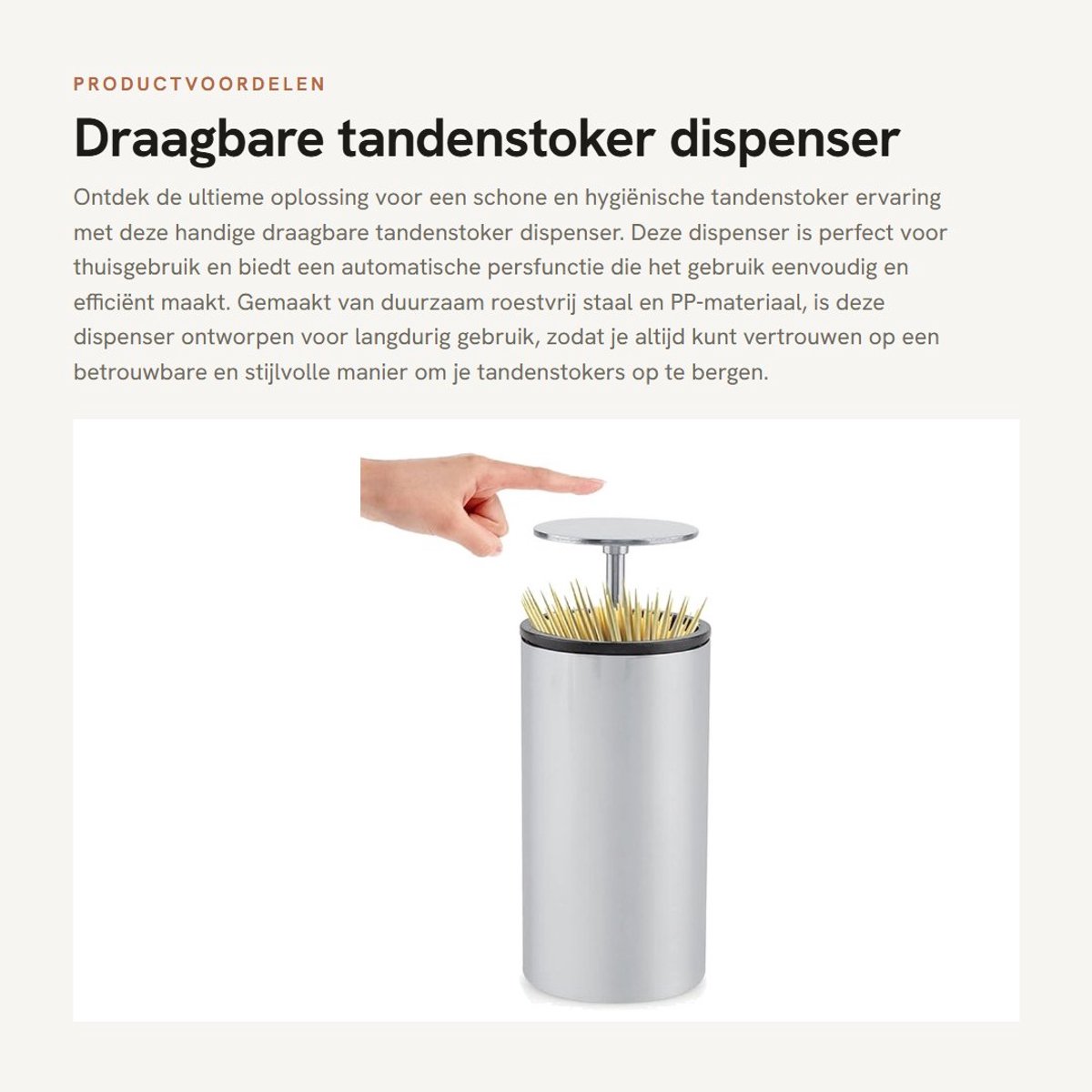 Dailygoods- Tandenstoker Dispenser Automatisch - Tandenstoker Houder - Roestvrij Staal - Duurzaam - Lichtgewicht - Hygiënisch - Tandenstokerhouder