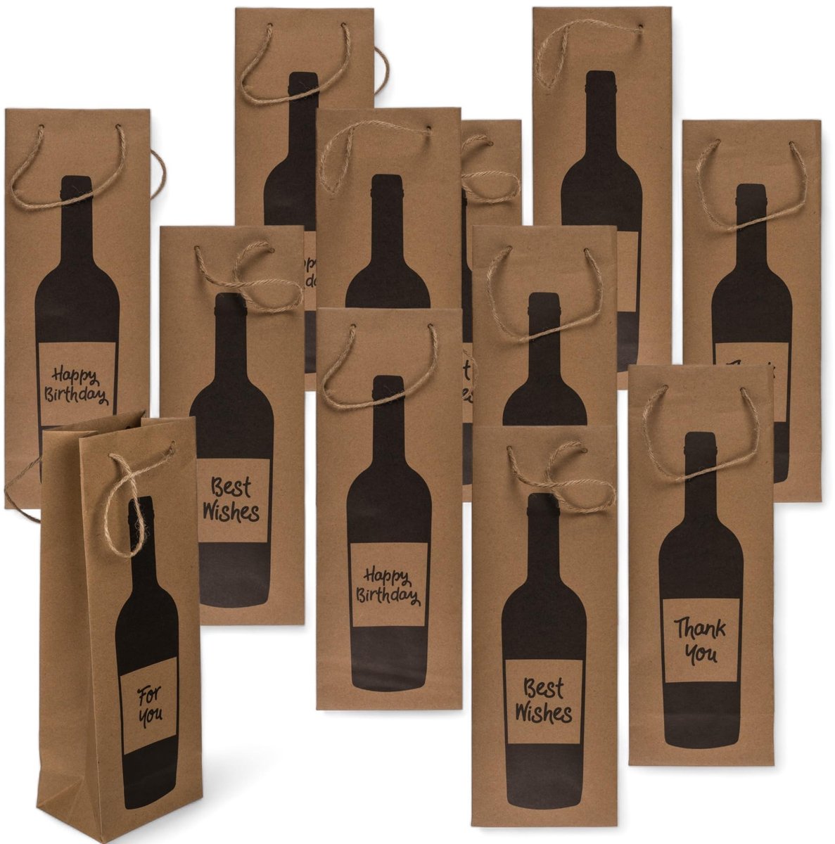 Dailygoods- Wijnflesjes Set van 12 - Geschenktasjes Kraftpapier - Juteband - Diverse Prints - 12,5 x 9 x 35 cm - Duurzaam en Stijlvol - Geschenkzakjes