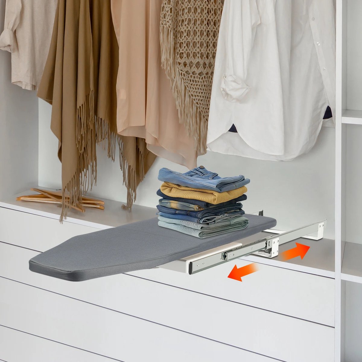 Dailygoods Opvouwbare strijkplank voor kast, 180 ° Rotatie Ingebouwde intrekbare uittrekbare strijkplank, stille glijbaa