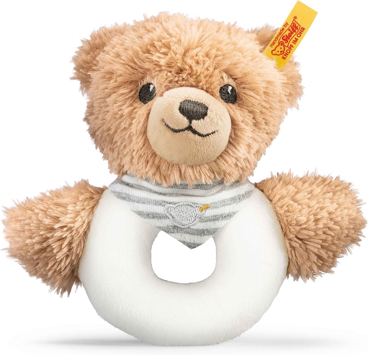 Grijpring met rammelaar - Knuffelbeer speelgoed - Baby stimuleren - Zacht en wasbaar - 12 cm - Grijs