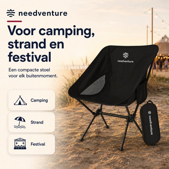 Zwarte, compacte campingstoel met draagtas, ideaal voor camping, strand en festivals.