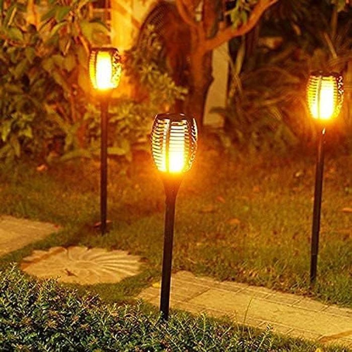 Solar Fakkel Verlichting - Buitenlampen Vlam - Tuin Sfeer Verlichten - Automatisch Aan/Uit - 50 cm Hoog - Geborsteld Metaal