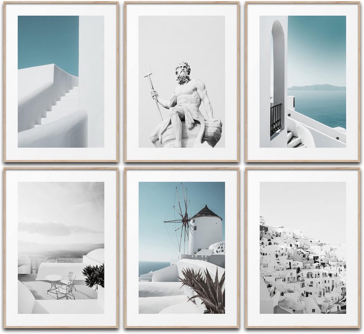 Wanddecoratie Set - Posterset Griekenland - Woonkamer Aankleden - 6 Stijlvolle Motieven - 6 x DIN A4 - Wit Blauw