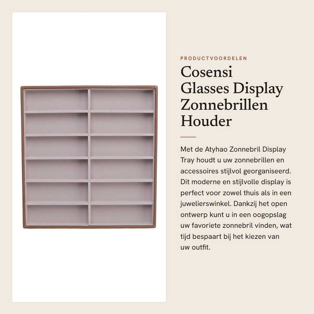 Dailygoods- Zonnebril Display - PU/Houten Houder - 12 Vakken - Modern/Functioneel - Ruimtebesparend - Duurzaam Materiaal - Zonnebrilhouder