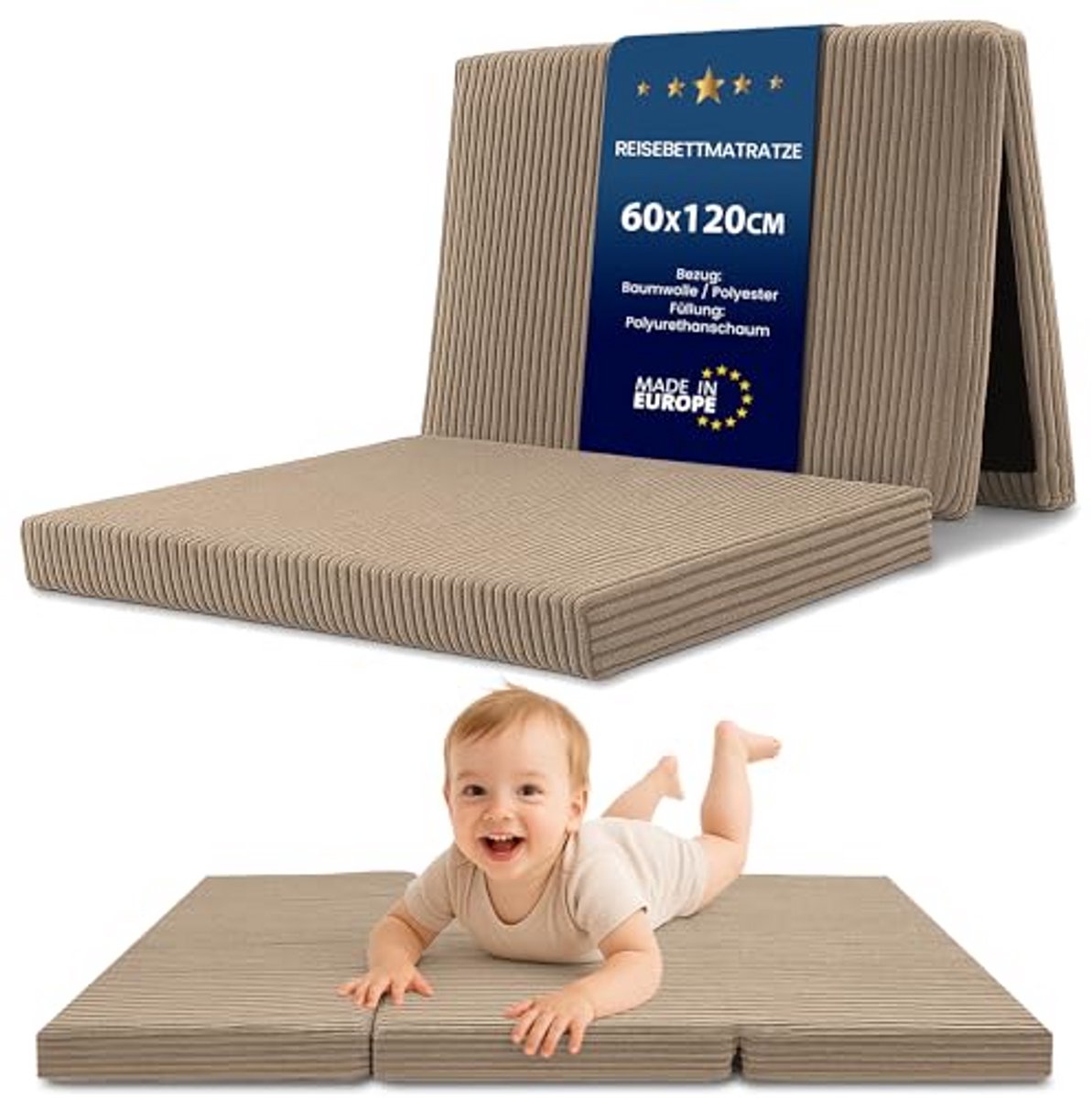 Vouwmatras Kind - Logeerbed Speelmat - Spontaan Logeren - Afneembare Hoes - 60x120cm - Bruin