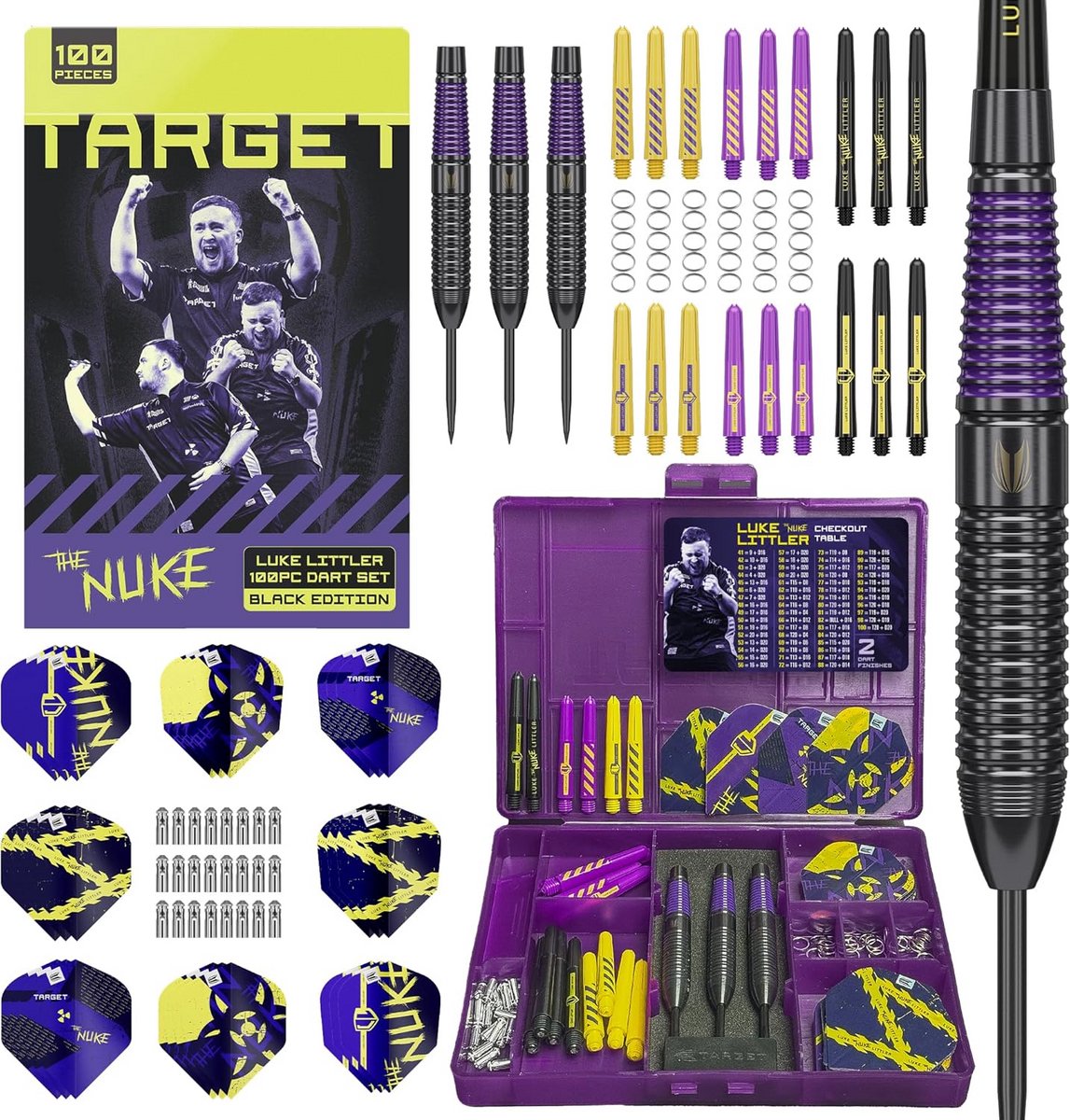 Dartpijlen Set - Stalen Darts - Precisie Werpen - Volledige Accessoires Kit - 100 Delen - Paars Geel Zwart
