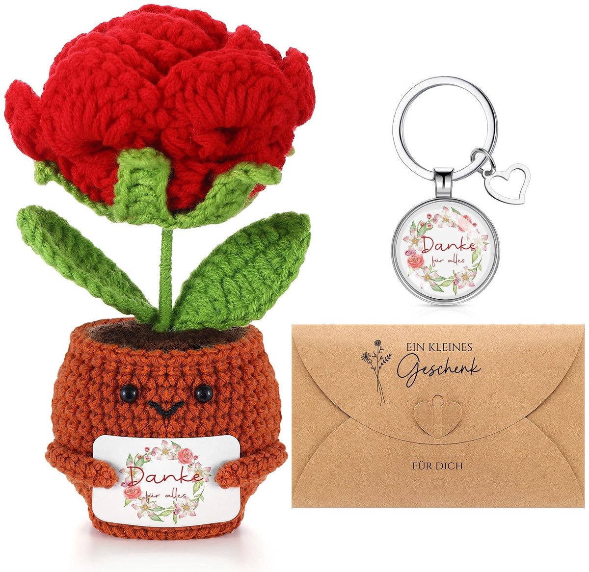 Dailygoods- Sleutelhanger Afscheidscadeau - Gehaakte Rozen - Cadeau voor Collega's - Veelkleurig - Roestvrij Staal - 3 x 3 cm