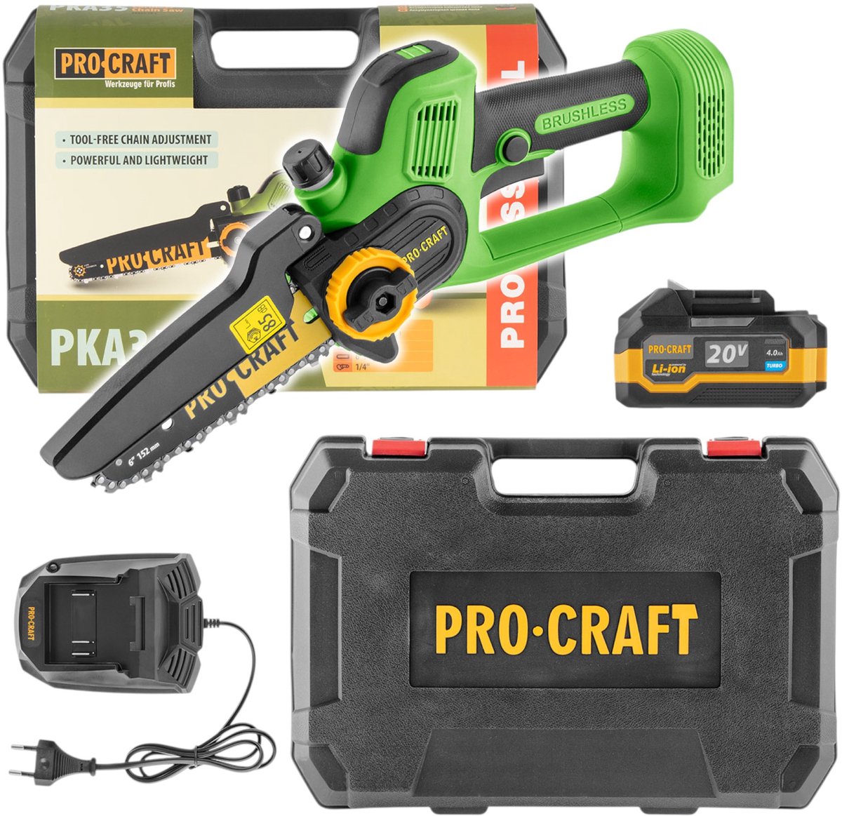Procraft PKA35 accu-takzaag kettingzaag 20 V 152 mm borstelloos + 1x accu 4,0 Ah + oplader + koffer