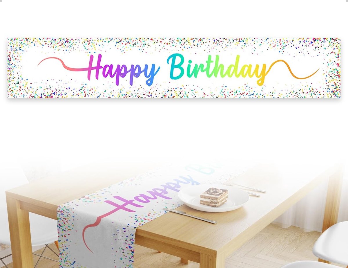 Dailygoods- Tafelloper Linnen - Happy Birthday Motief - Feestelijk Tafelkleed - Slijtvast Materiaal - Elegante Decoratie - Wit Ontwerp