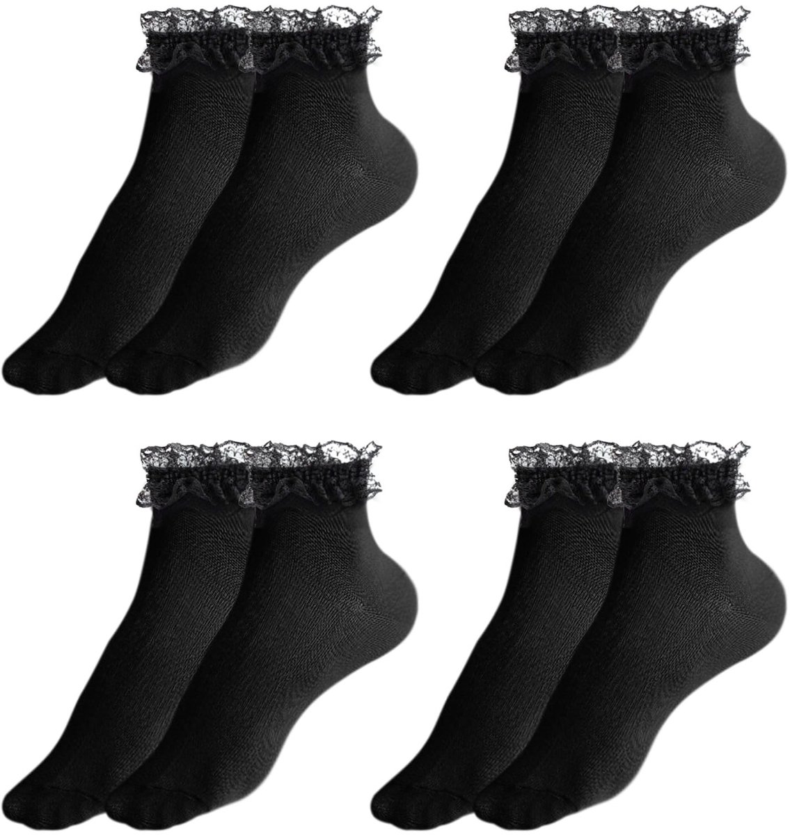 Dailygoods- Enkelsokken 4 Paar Zwart - Dames Sokken - Katoenen Sokken - Kantontwerp - Comfortabele Sokken - Ademend Materiaal