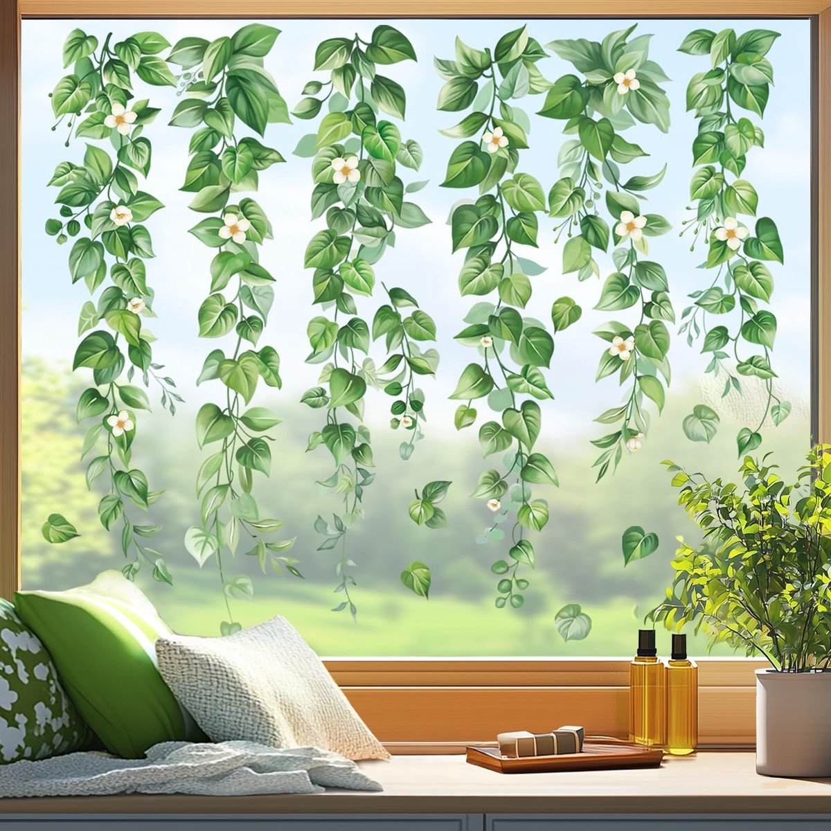 Dailygoods- Raamstickers Eucalyptus Bladeren - Raamdecoratie zonder boren - Raamstickers voor thuis - Herbruikbaar - Antikras - Dubbelzijdig PVC