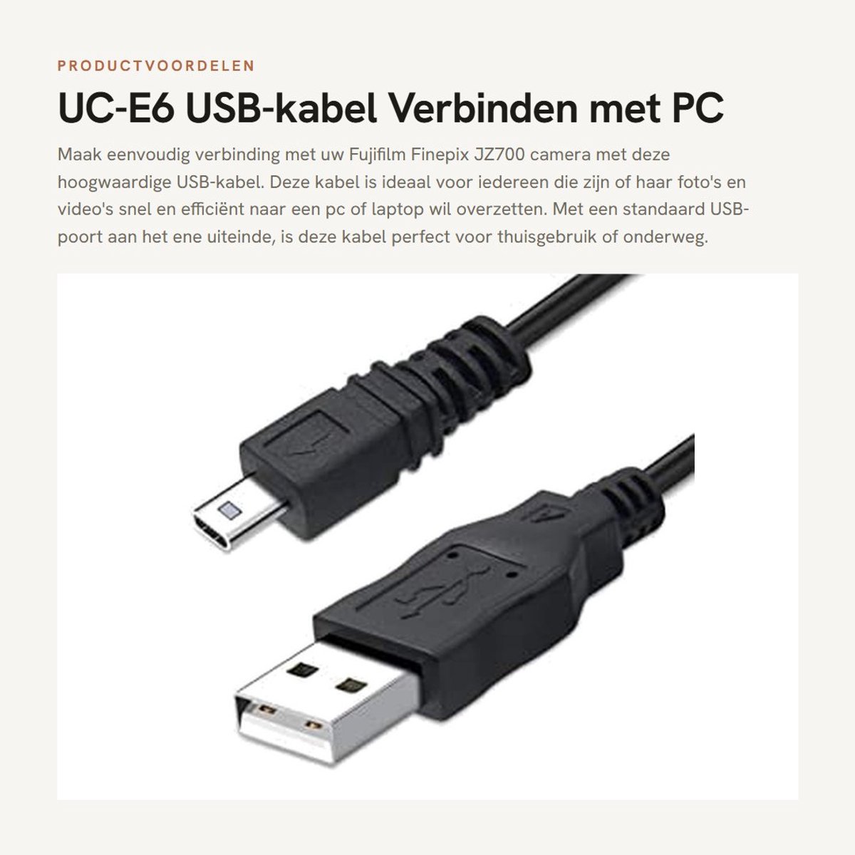 Dailygoods - UC-E6 USB-kabel - Verbinden met PC - Foto's overzetten - Geschikt voor Fuji FinePix JZ700 - Handige overdracht - Compact ontwerp