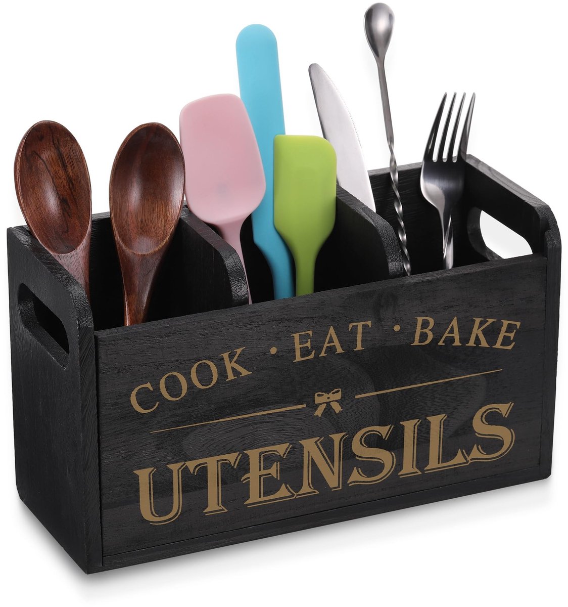 Dailygoods- Keukengereihouder met 3 Vakken - Organizer voor Keukengerei - Bestekhouder - Houten - Drainagebodem - Duurzaam en Robuust