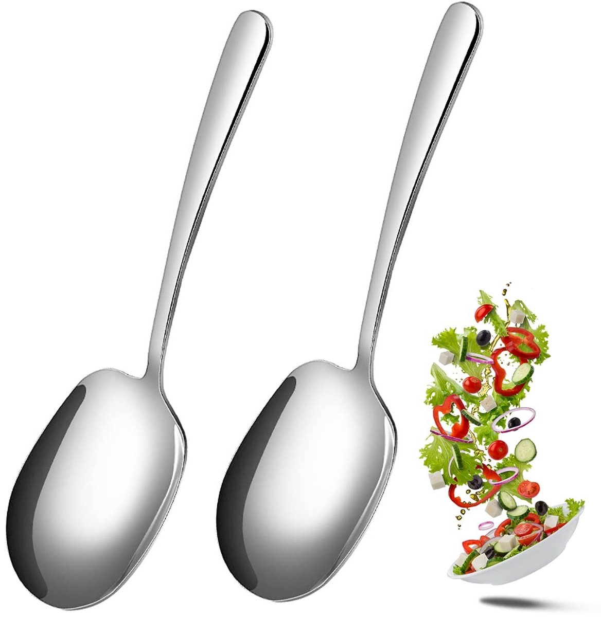 Dailygoods- Serveerlepel Groot - 2 Stuks - Roestvrij Staal - Lange Grepen - Saladelepel - Eetlepel - Serveerbeslag - Serveerlepelset