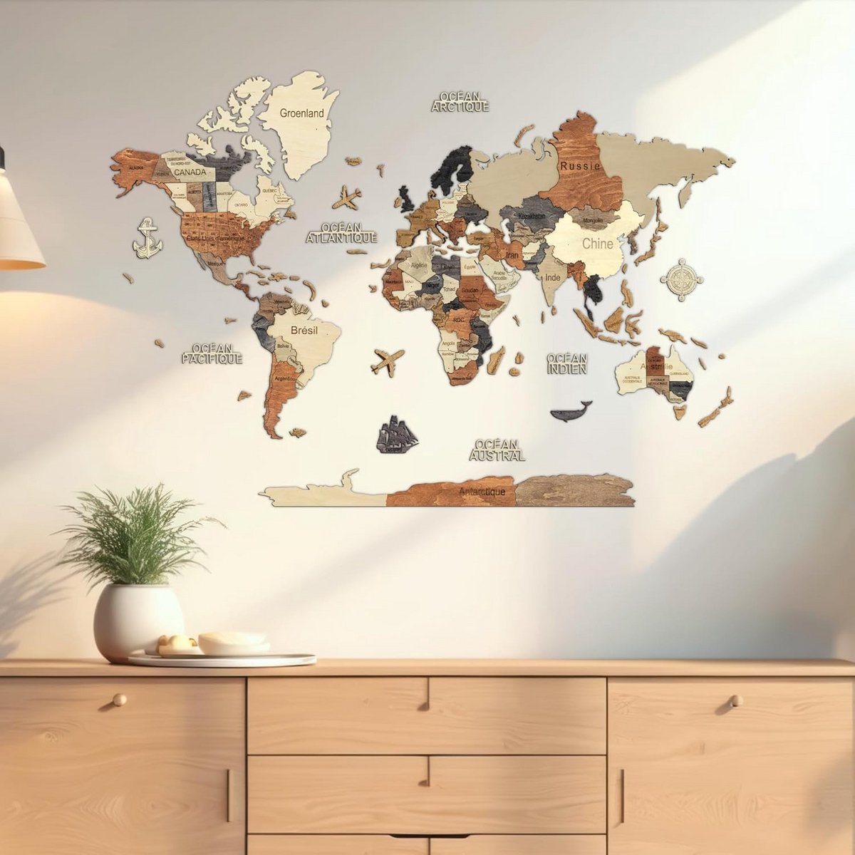 Houten Wereldkaart - Wanddecoratie 3D - Woonkamer Decoreren - Meerlaags Ontwerp - 80 x 55 cm - Multicolor