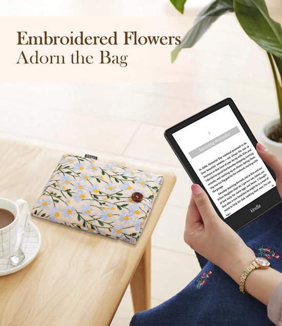 E-reader Sleeve - Beschermhoes Tablet - Veilig Opbergen - Geborduurd Daisy Patroon - 6-7 Inch - Blauw — afbeelding 3