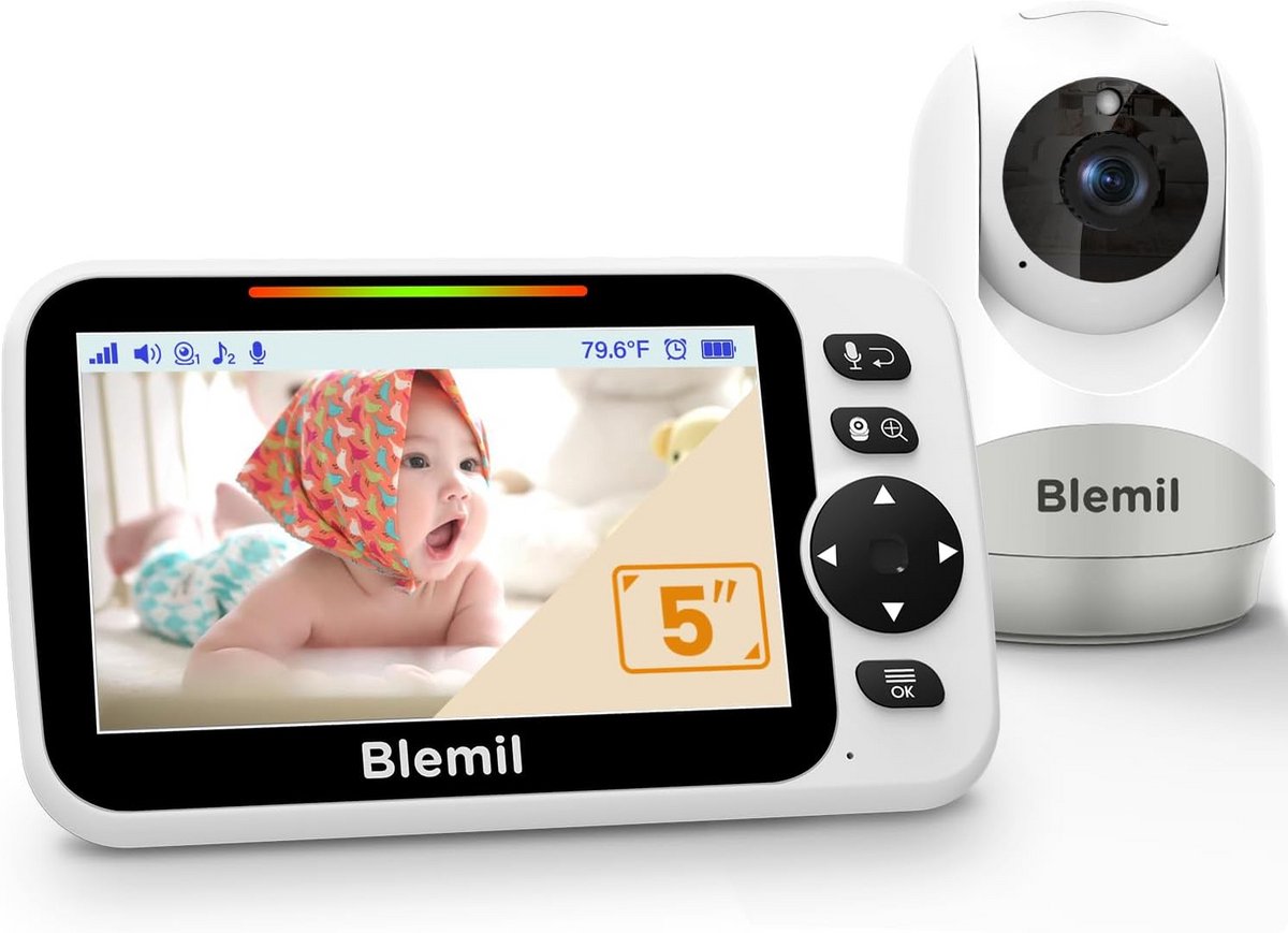Baby Monitor - Babycamera Video - Baby Bewaking - Groot 5 inch Scherm - 30 Uur Batterij - Wit