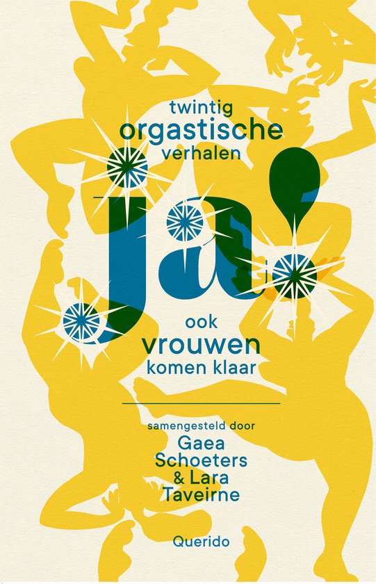 Boekcover met gele en blauwe figuren, tekst 'twintig orgastische verhalen, ja! ook vrouwen komen klaar'.