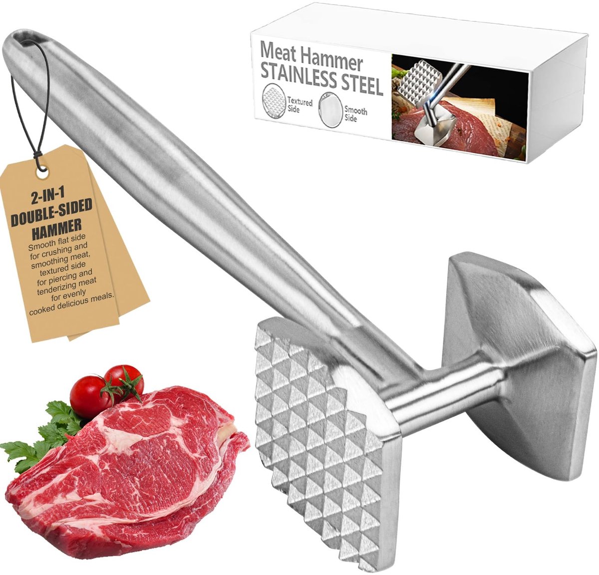 Dailygoods- Vleesklopper 26 cm - Dubbelzijdige Vleeshamer - Roestvrij Staal - Vaatwasmachinebestendig - Antiaanbak - Geschikt voor Vlees en Noten