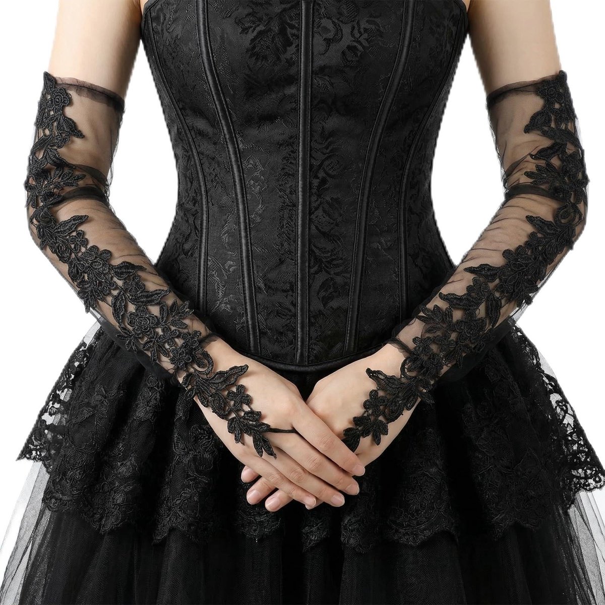 Dailygoods- Vingerloze Handschoenen - Zwarte Kanten - Elegante Dameshandschoenen - Vintage Charme - Ademend Polyester - Perfect voor Bruiloft en Halloween - Avondhandschoenen