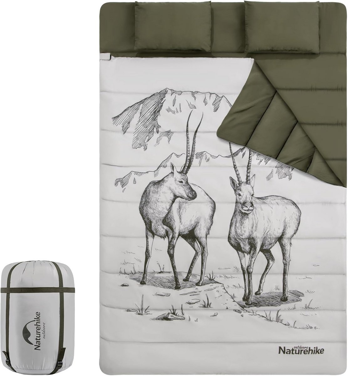Dubbele slaapzak - Slaapzak voor twee - Kamperen en buiten - Inclusief twee kussens - 215 x 145 cm - Groen