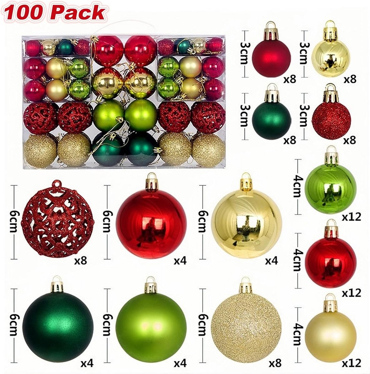 Kerstballen Set - Decoratie ballen - Kerstboom versieren - Onbreekbaar plastic - 100 stuks - Goud Groen Rood – foto 7