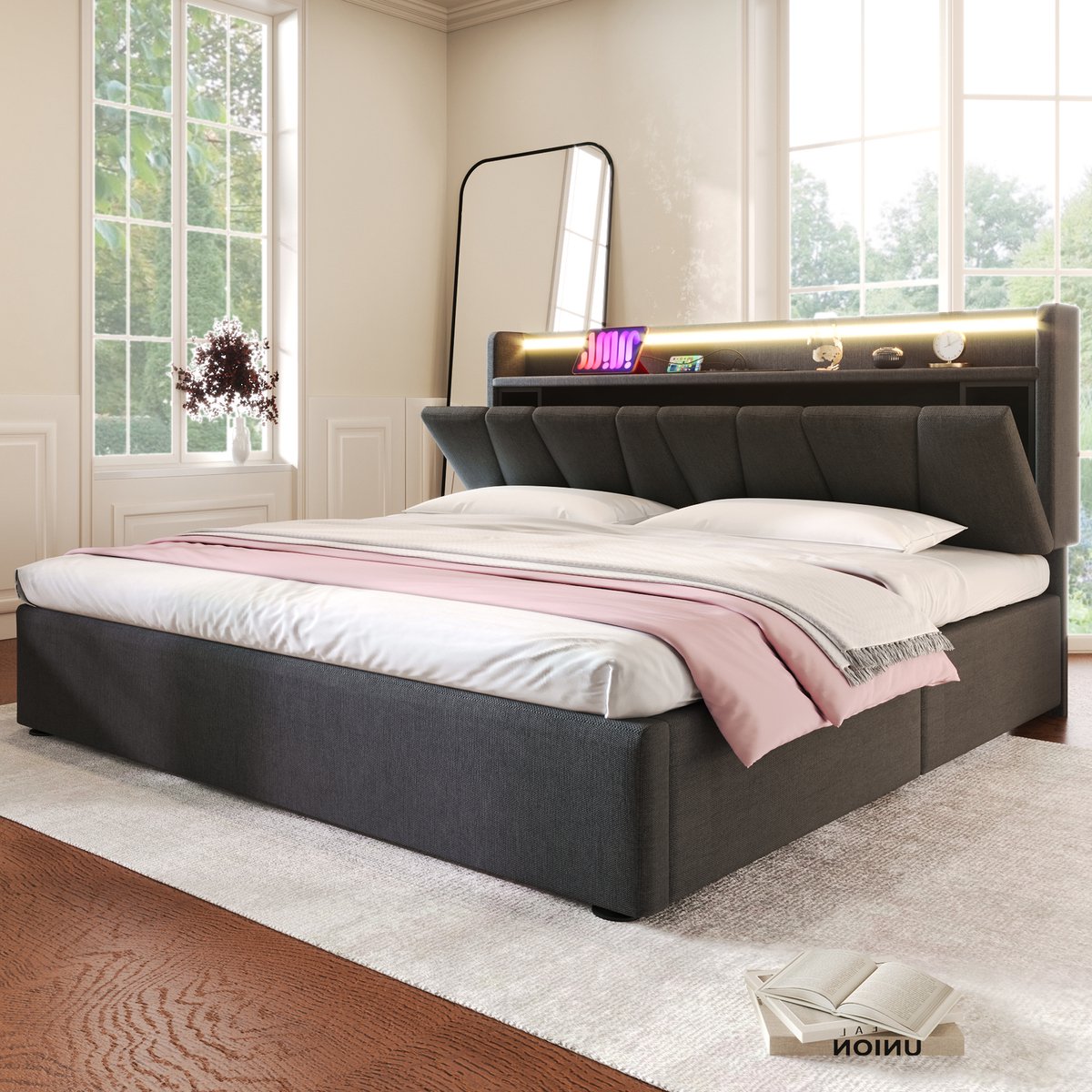 DESMIU Gestoffeerd Bed 160x200 cm – Opladen Met Stopcontacten, USB En USB-C – Gasveer Met Opbergruimte – Voor Slaapkamer – Linnen – Grijs – Zonder Matras