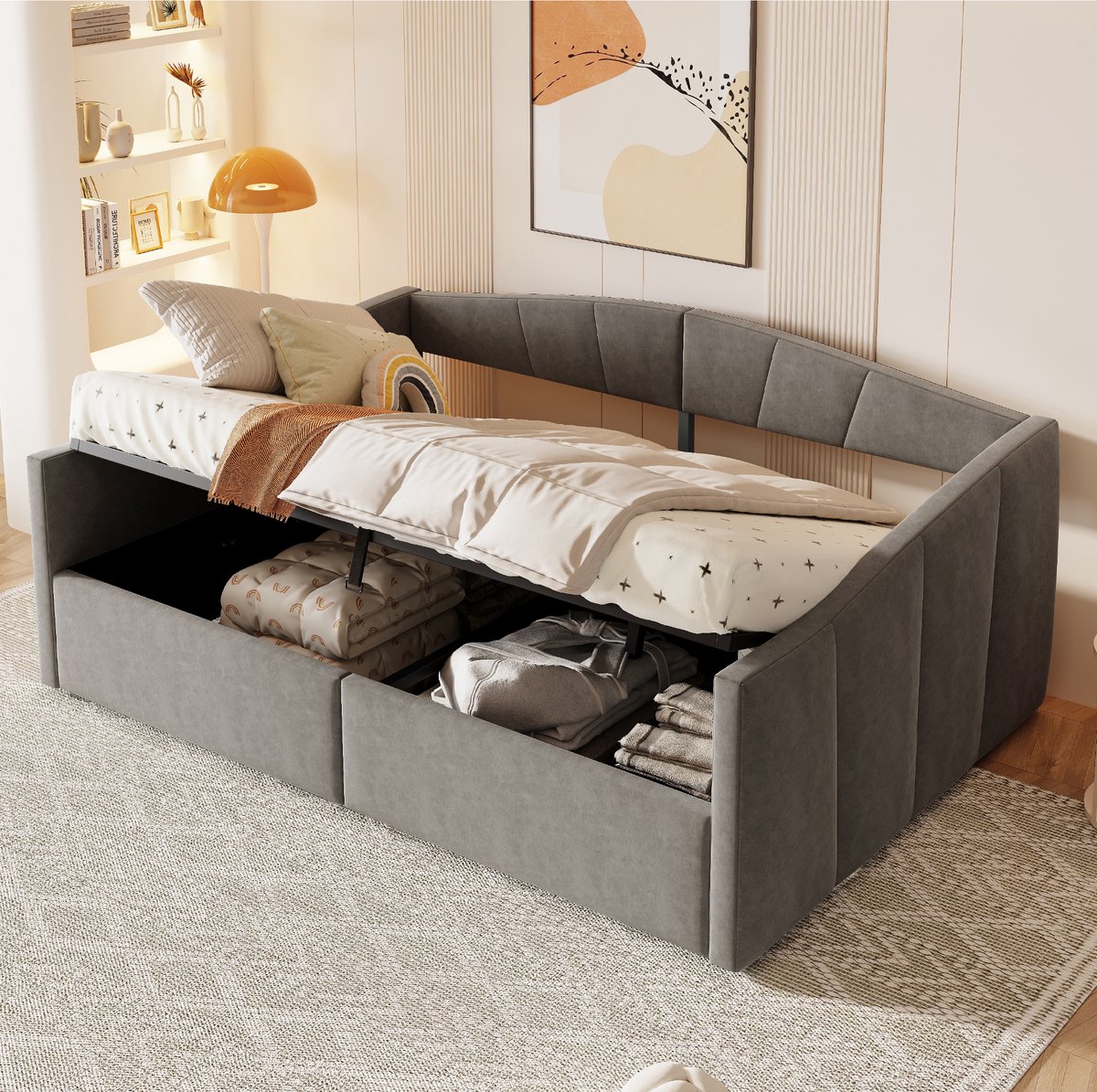 DESMIU Gestoffeerd Slaapbankbed 140x200 cm – Met Hydraulische Opbergruimte – Met Rugleuning En Armleuningen – Zonder Matras – Fluweel – Grijs Donkergrijs