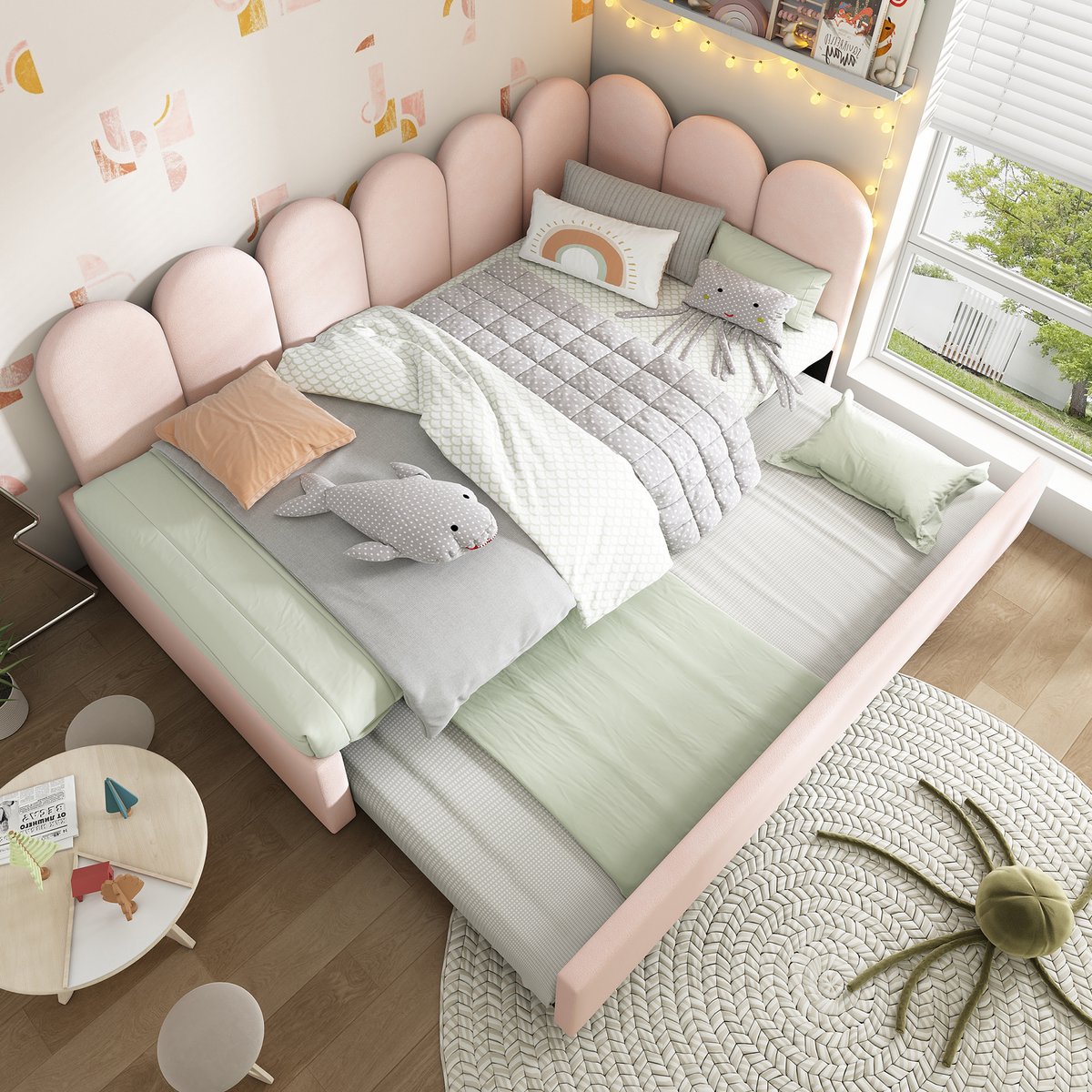 DESMIU Gestoffeerd Bed 90x200 cm – Uitschuifbaar Logeerbed – Dagbed Met L-Vormig Frame En Rollen – Voor Kinderkamer Of Logeerkamer – Fluweel – Roze – Zonder Matras