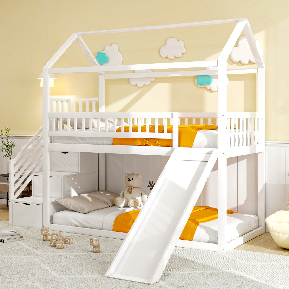 DESMIU Kinderhoogslaper 90x200 cm – Met Glijbaan En Opbergtrap – Ruimtebesparend Speel- En Slaapbed – Voor Kinderkamer – Hout – Wit – Zonder Matras