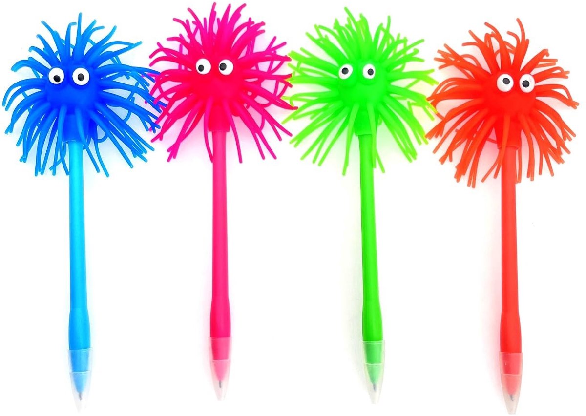 Dailygoods- Balpen 4 Stuks - Wiebelig Fuzzy Hoofd - Zachte Siliconen Top - Grappige Novelty Pen - Blauw Inkt - Comfortabel Materiaal - Fidget Pen