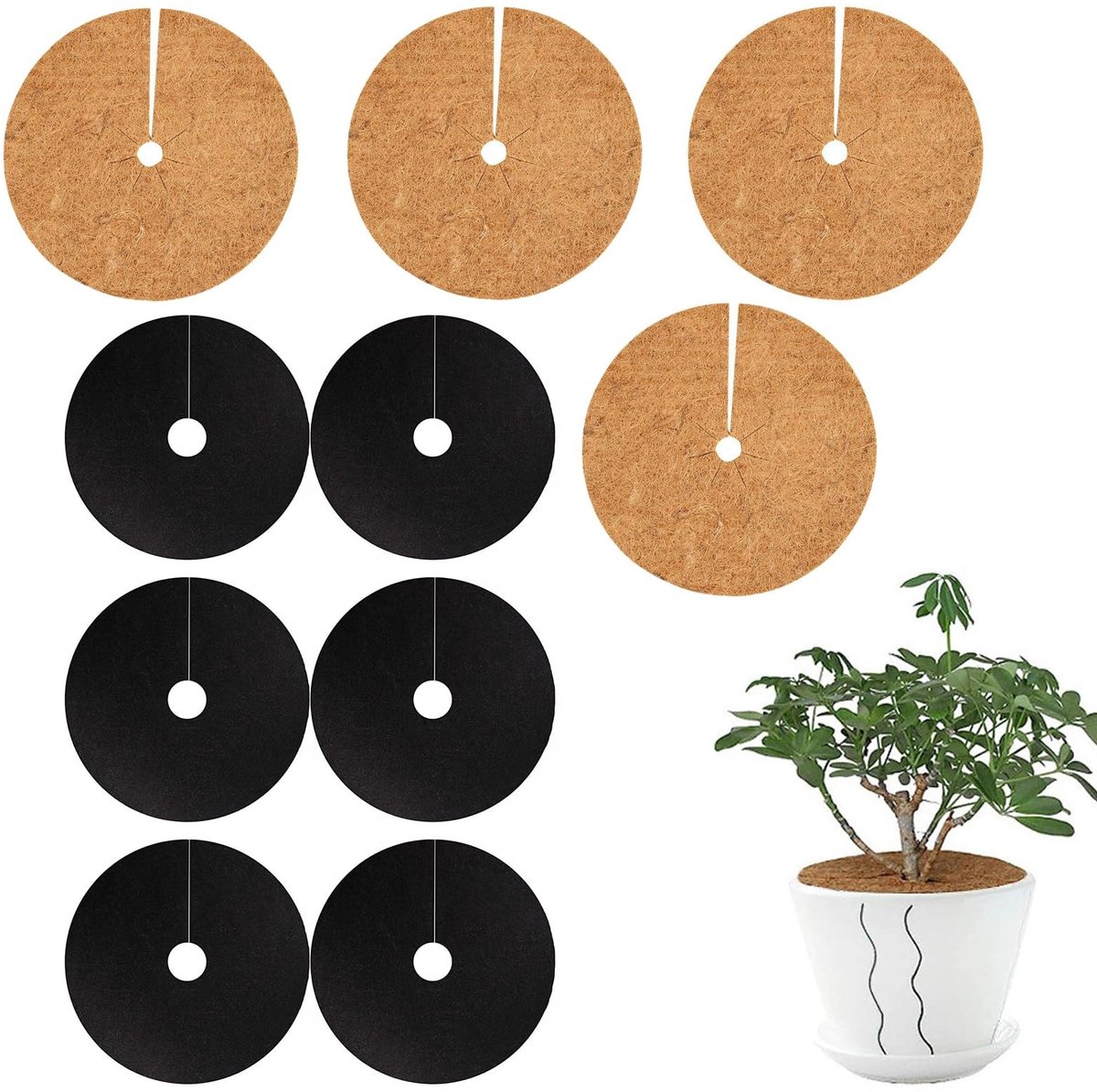 Dailygoods- Kokosmat - Bescherming tegen vorst - Kokos-mulchschijf Ø 20 cm - Onkruidmat Ø 15 cm - Set van 4 + 6 - Biologisch afbreekbaar - Plantenbeschermingsmat