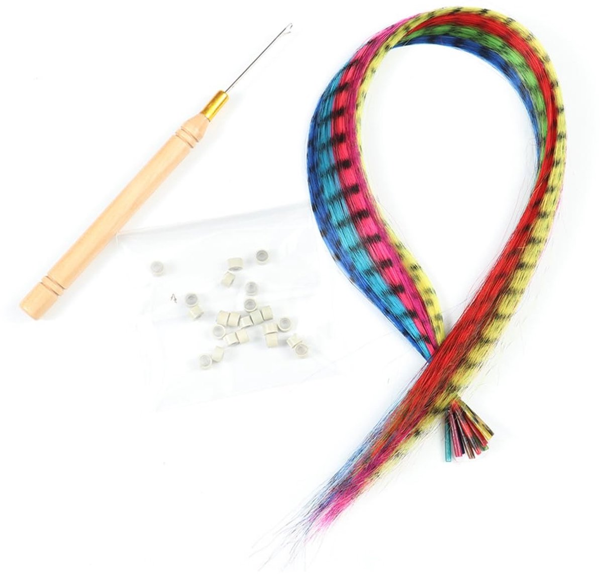 Dailygoods- Haarverlengingsset - 52 Kleurrijke Veren - Kunsthaarextensies - Gereedschap met Tangen/Haken - Eenvoudig te Gebruiken - Geschikt voor Kinderen - Haarextensies