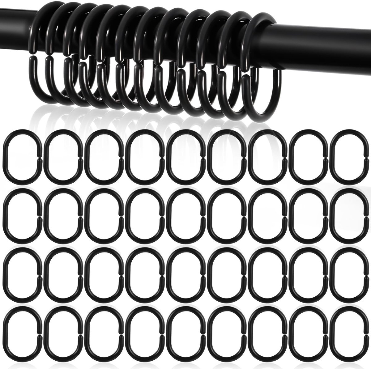 Dailygoods- Douchegordijnringen 36 Stuks - Zwart Kunststof - C-vormige Haken - Multifunctionele Douchegordijnhaken - Geschikt voor Standaard Douchegordijnstangen - Afmetingen 5,4 × 3,8 cm - Douchestanghaken