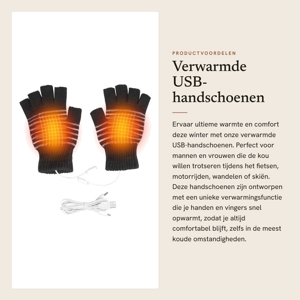 Dailygoods - Verwarmde USB-handschoenen - Winterhandschoenen - Snelle verwarming - Halve vingers - Wasbaar - Ideaal voor buitenactiviteiten - Geschikt...