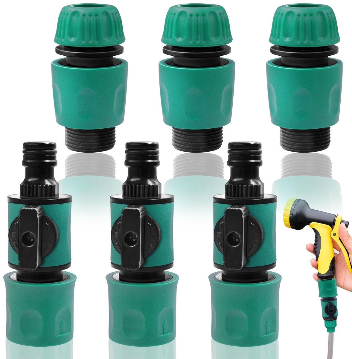 Dailygoods- Slangconnector - 3 Stuks - Met Afsluitklep - Voor 1/2 Inch Tuinslangen - Tuinslang Koppelingen - Hoogwaardige ABS Kunststof - Groen